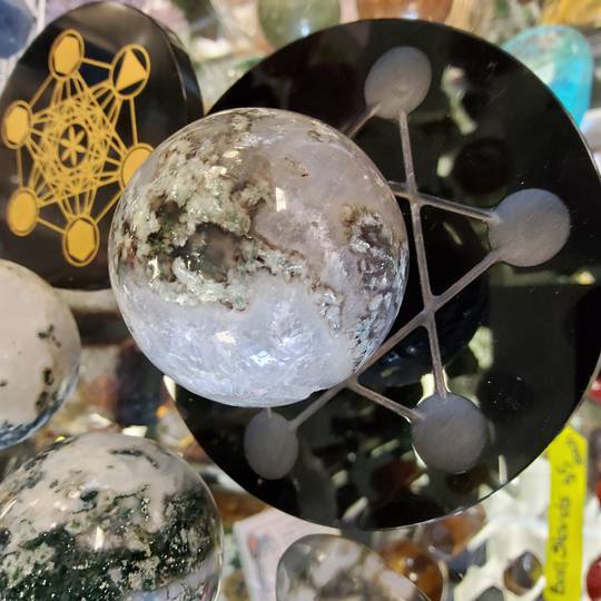 Moss Agate and Quartz Crystal Ball (F)