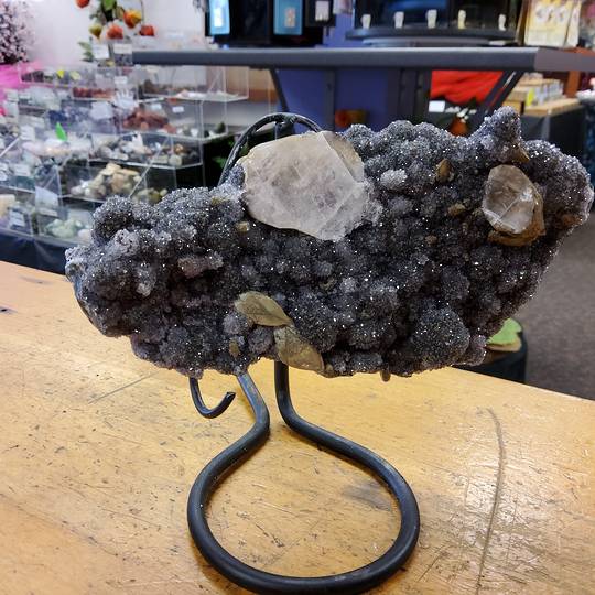 Black Amethyst and Calcite Druzy on a Stand
