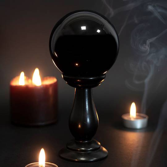 Black Small Crystal Ball on Wooden Stand 90mm
