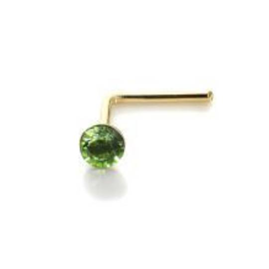 14Kt Gold with light Green CZ 2mm L Shaped