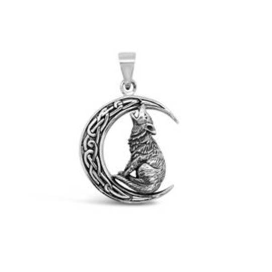 Sterling Silver Wolf & Half Moon Pendant image 0