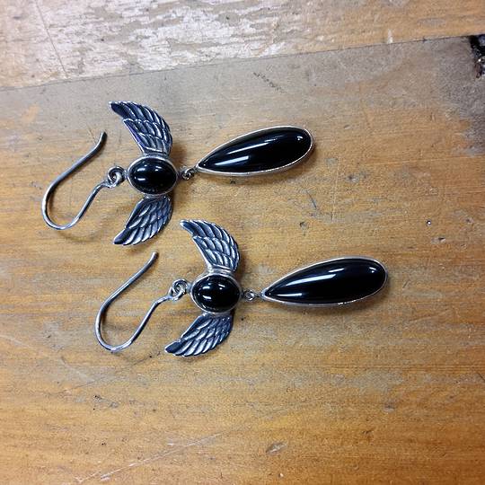 Sterling Silver Obsidian Winged Earrings image 0