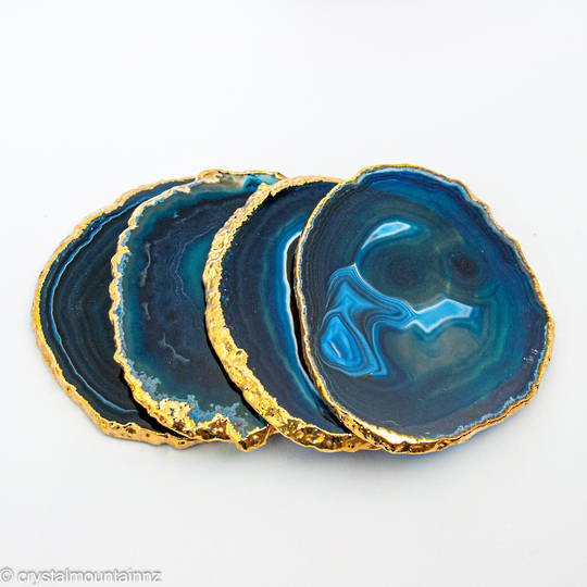 Agate Slice Coaster Set with Gold Edging (Blue)