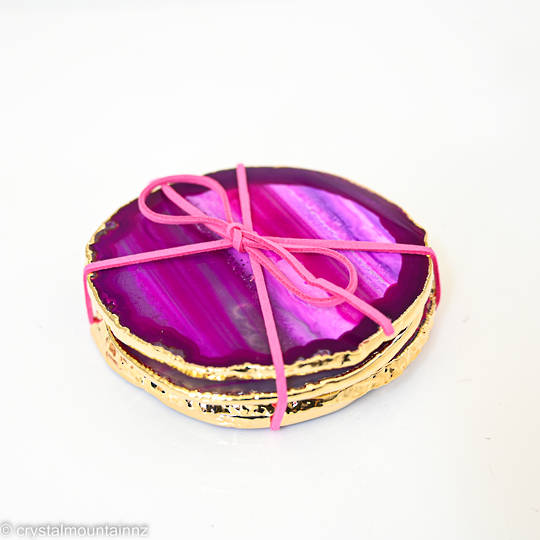 Agate Slice Coaster Set with Gold Edging (Pink) image 1