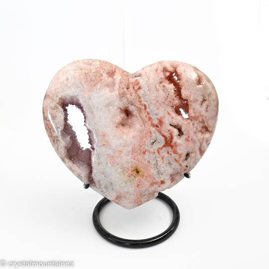 Pink Amethyst Heart on a black metal stand. image 1