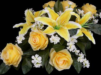 Yellow Roses, Lilies and White Larkspur
