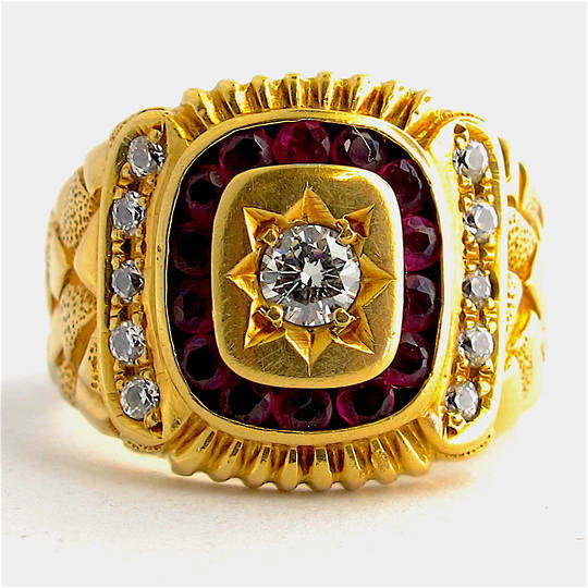 Men's 14ct yellow gold diamond and ruby and cubic zirconia set signet ring