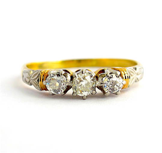 18ct yellow gold and platinum Old European cut antique diamond 3 stone ring