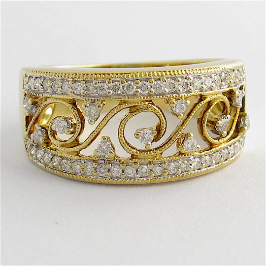 9ct yellow and white gold patterned open band multi diamond ring