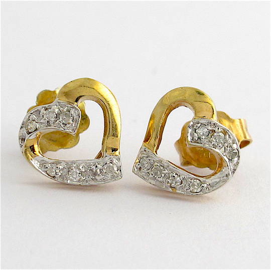 9ct yellow gold and rhodium plated heart shape diamond stud earrings