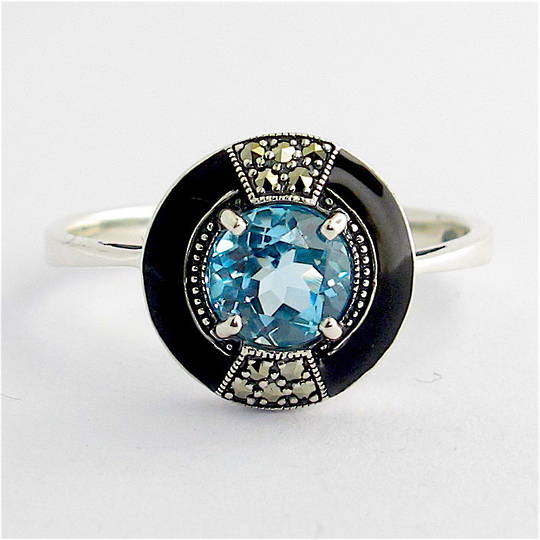 Sterling silver blue topaz, marcasite and enamel dress ring