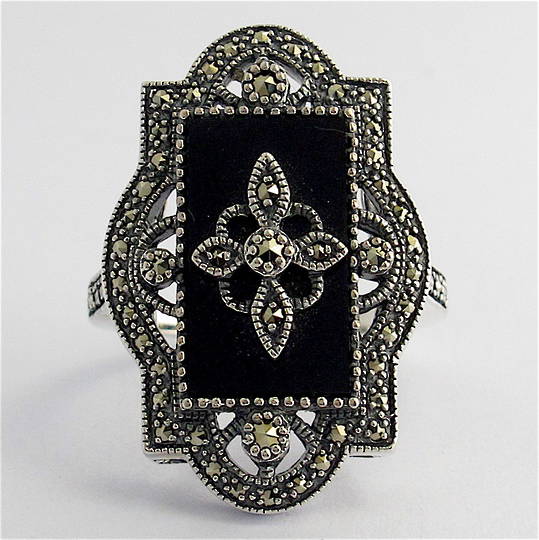 Sterling silver onyx and marcasite dress ring