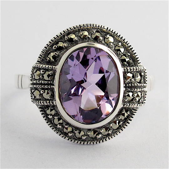 Sterling silver oval amethyst and marcasite ring