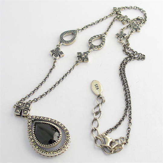 Sterling silver onyx and marcasite vintage style pendant and chain