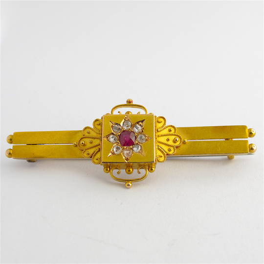 15ct yellow gold antique ruby and rose cut diamond mourning brooch