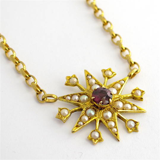 9ct yellow gold antique rhodolite garnet and seed pearl necklace