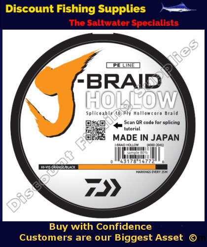 Daiwa JBraid Hollowcore 130lb X 3000m Hi-Vis, J-BRAID