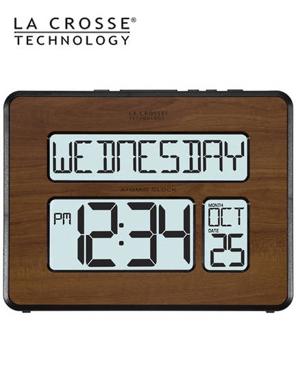 513-1419 Wood Finished La Crosse Digital Back Light Wall Clock with Day Display