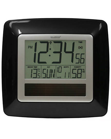 WT-8112U-BK Solar Digital Wall Clock with Indoor Temp Humidity