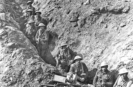 Infantry from the 2nd Battalion, Auckland Regiment, New Zealand Division in the Switch Line near Flers, taken some time in September 1916.