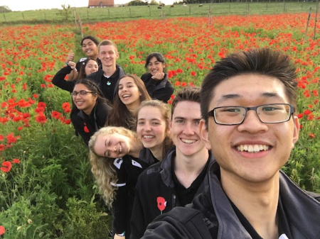Students in a Belgium field of poppies