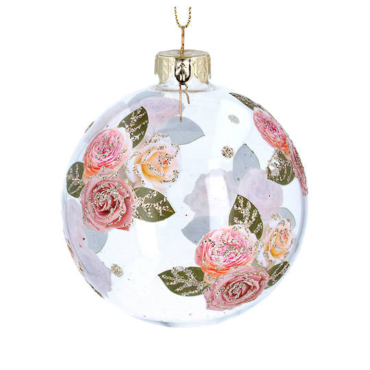 Glass Ball Clear, Pink Roses 8cm