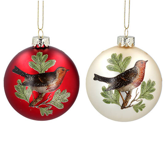Glass Ball Matt Red or Cream, Robin 8cm