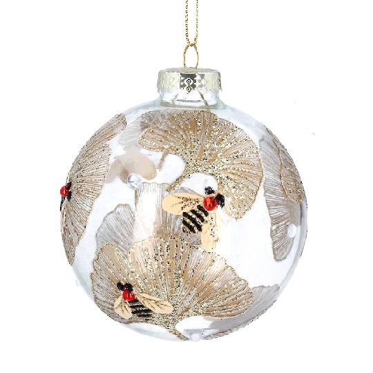 Glass Ball Clear, Bee with Gingko Leaves 8cm *ETA NOV