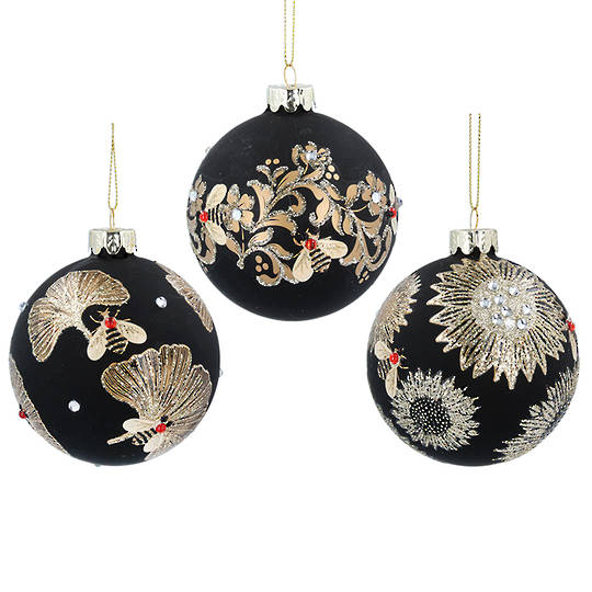 Glass Ball Black, Bee with Leaves 8cm