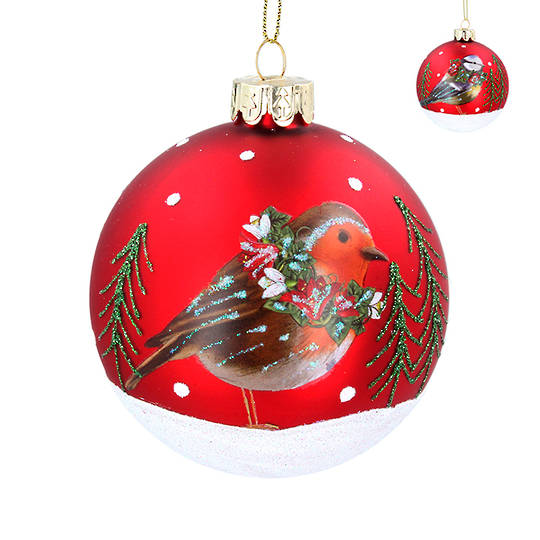 Glass Ball Matt Red, Winter Robin 8cm