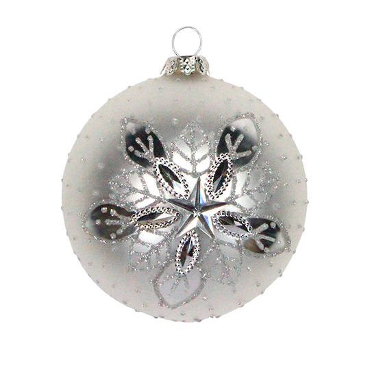 Glass Ball Matt White, Silver Snow Star 8cm