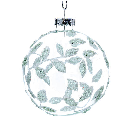 Glass Ball Clear, Sage Green Leaves 8cm