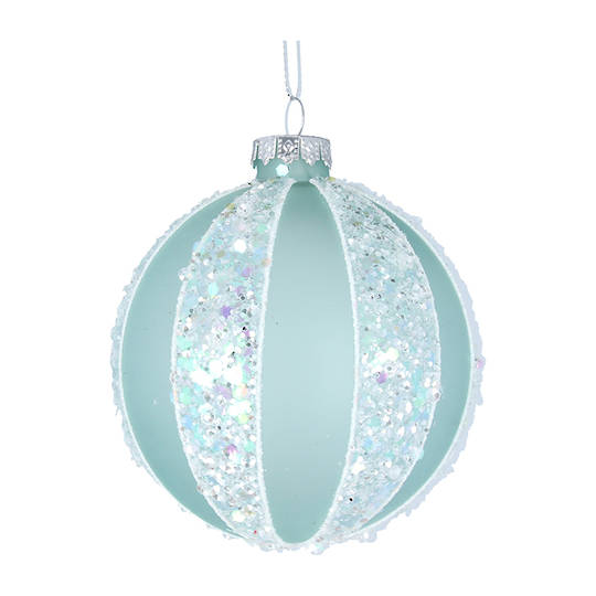 Glass Ball Pale Green, Iridescent Glitter Ribs 8cm