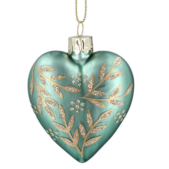Glass Heart Green, Gold Leaf Spray 8cm