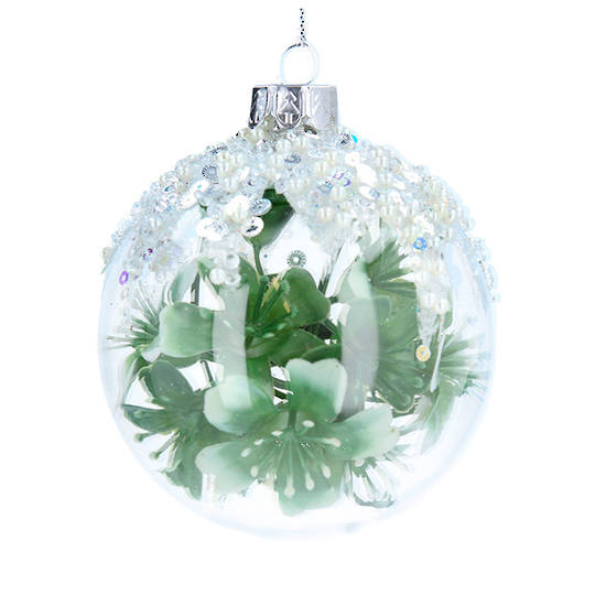 Glass Ball Clear, Green Rose Inside 8cm