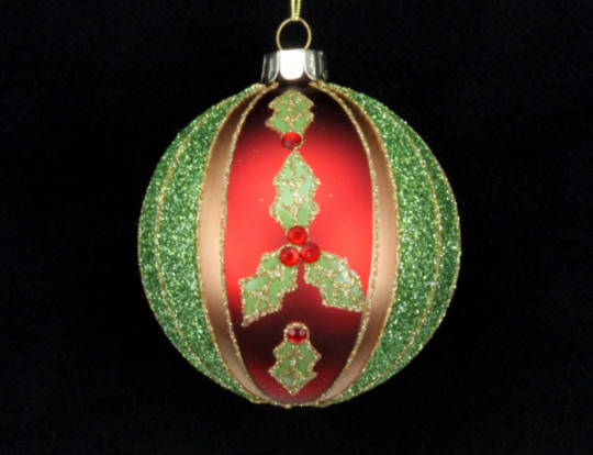 Glass Ball Red, Gold & Green Stripe with Holly 8cm