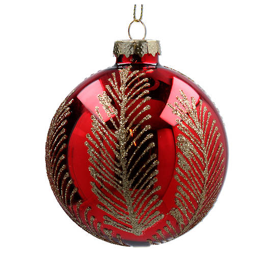 Glass Ball Red, Gold Palm Leaf 8cm