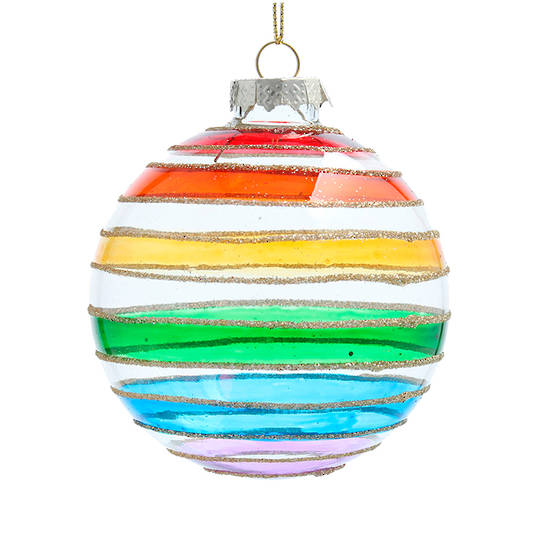 INDENT- Pack 12, Glass Ball Clear, Rainbow Stripes 8cm