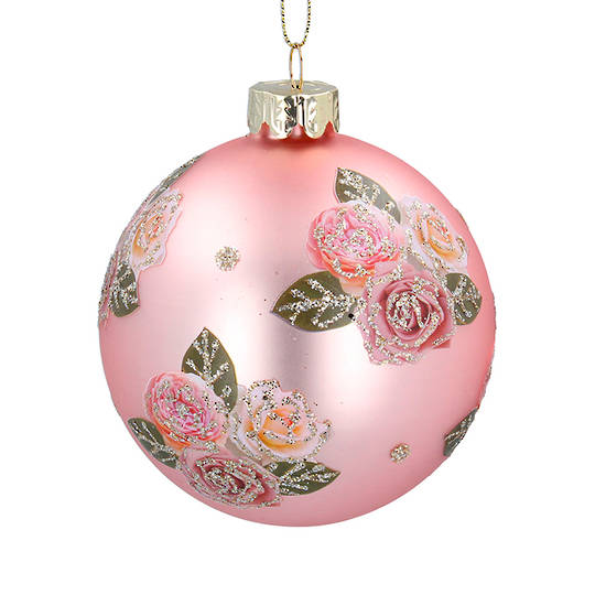 Glass Ball Matt Pink, Pink Roses 8cm