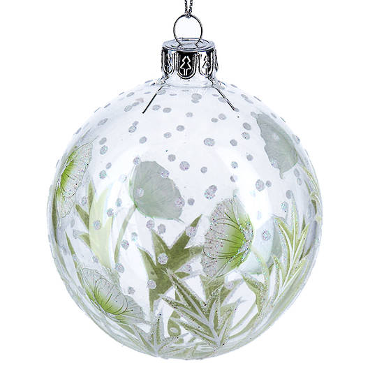 Glass Ball Clear, White Flowers and Leaves 8cm