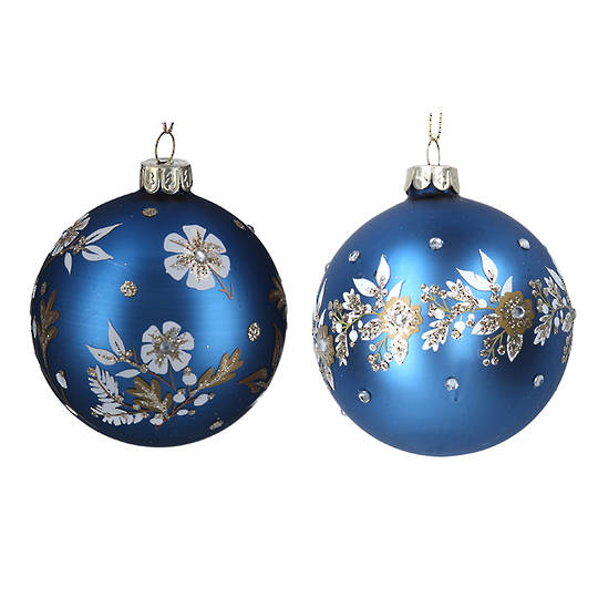 Glass Ball Matt Blue, White Flowers 8cm