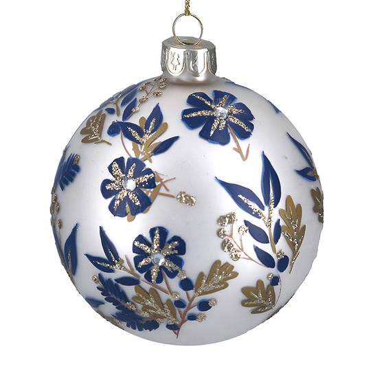 Glass Ball Matt White, Blue Flowers 8cm