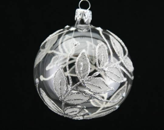 Glass Ball Clear, Silver Leaves 8cm