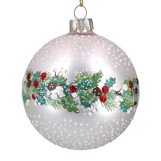 Glass Ball White, Leaf Berry Band 8cm