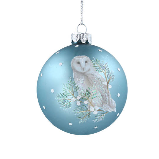 Glass Ball Pale Matt Blue, Owl 8cm