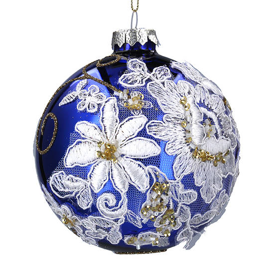 Glass Ball Blue, White Fabric Flowers 10cm