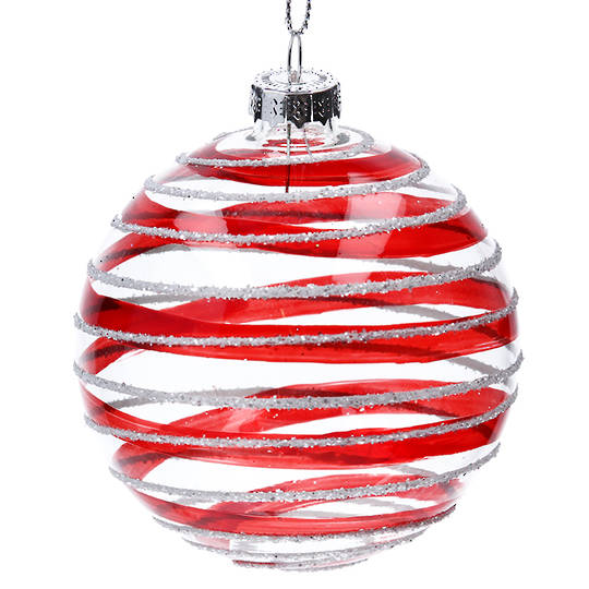Glass Ball Clear, Red and Silver Stripes 8cm SOLD OUT