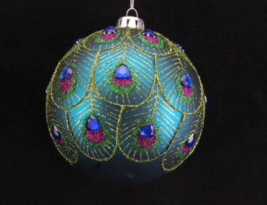 Glass Ball Turq, Feather and Gold Scallops 10cm