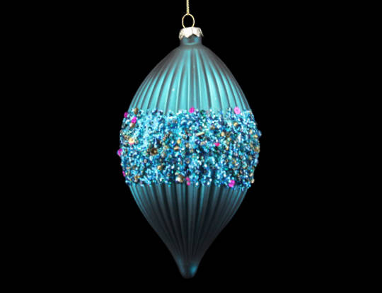 Glass Olive Aqua Ribbed w/Glitter Band 12cm