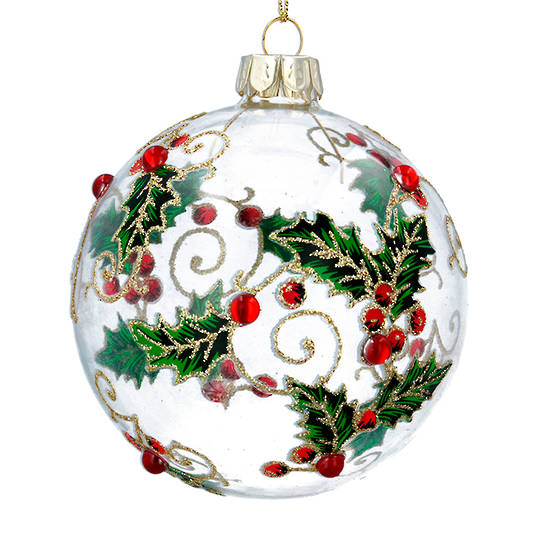 Glass Ball Clear, Holly with Red Gems 8cm